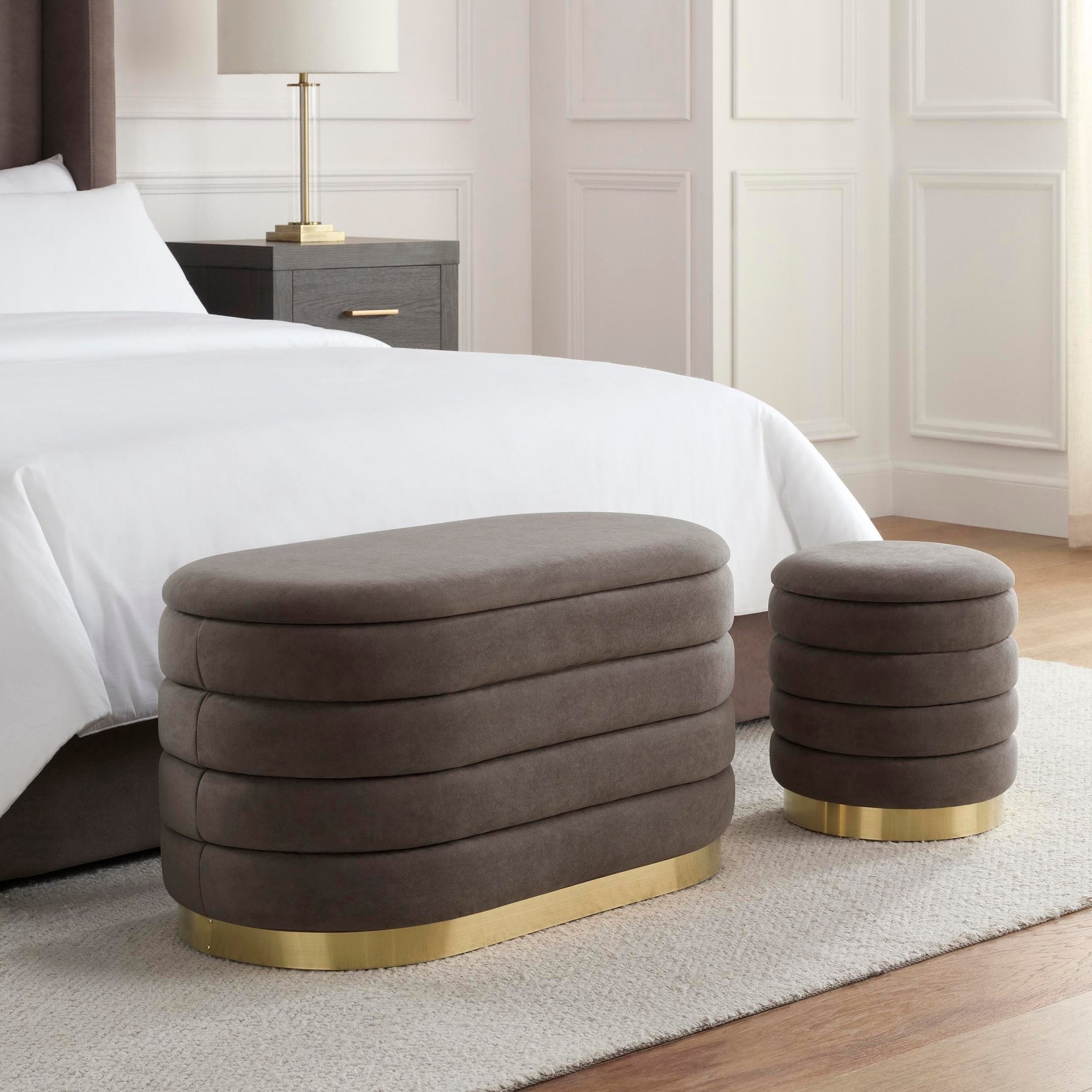 Almondbury Panelled Ottoman and Stool Set - Taupe