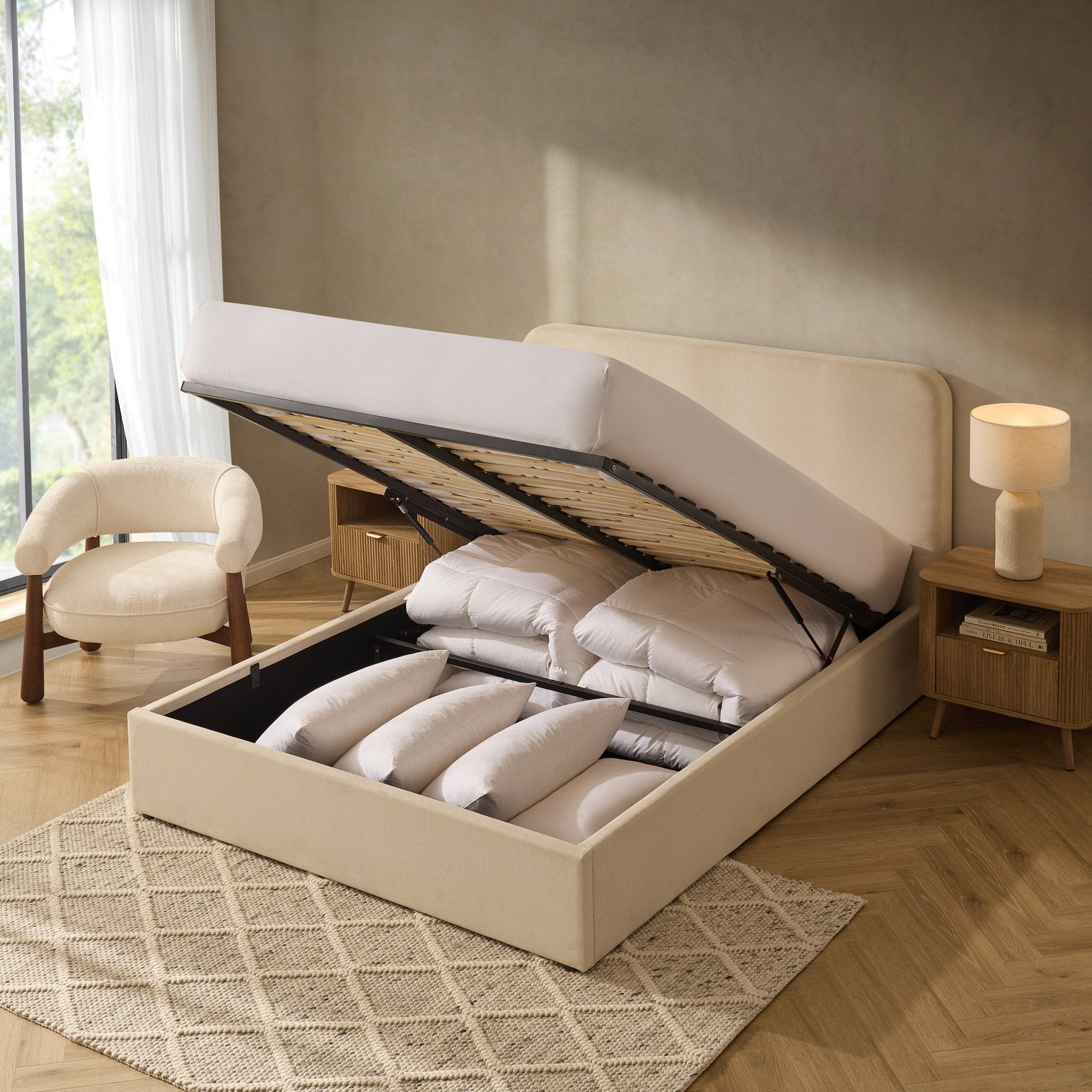 Ascot Ottoman Storage Bed - Cream Linen