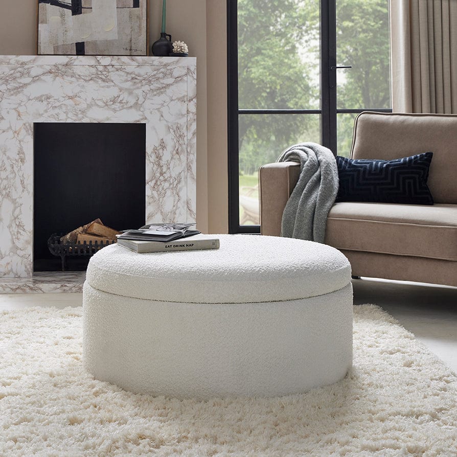 Stockton Boucle Round Storage Pouffe - Off White
