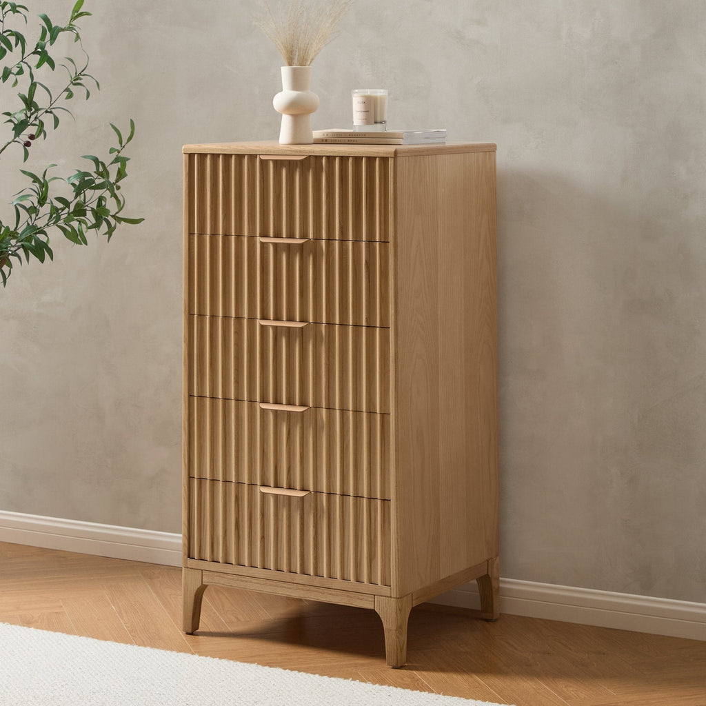 Elena Ash Slim 5 Drawer Chest - Light Wood