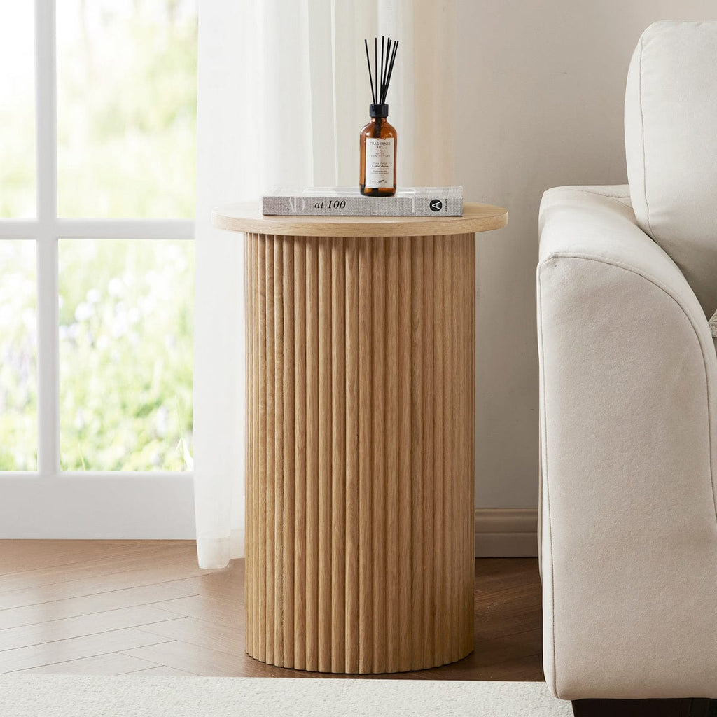 Hattie Round Pedestal Side Table - Light Wood