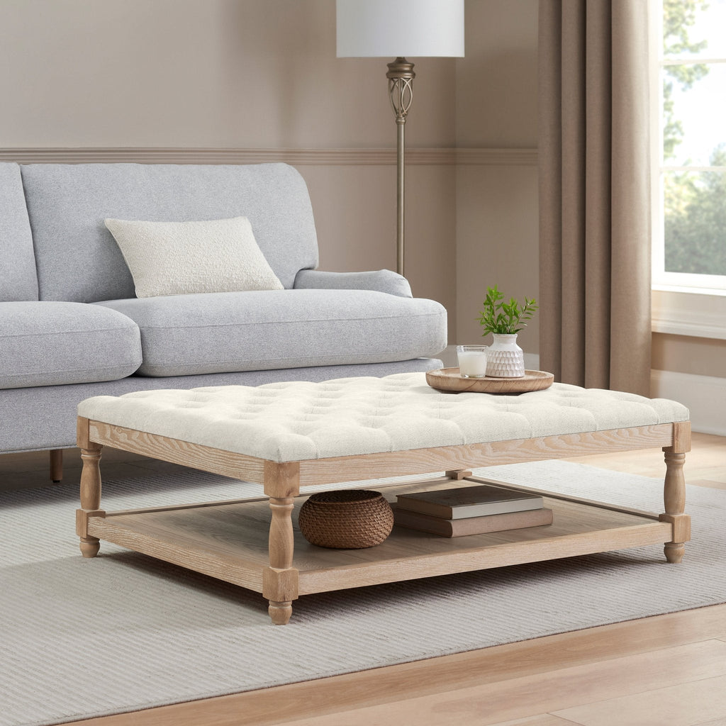 Knaresborough Button Back Coffee Table Pouffe - Chenille Ivory