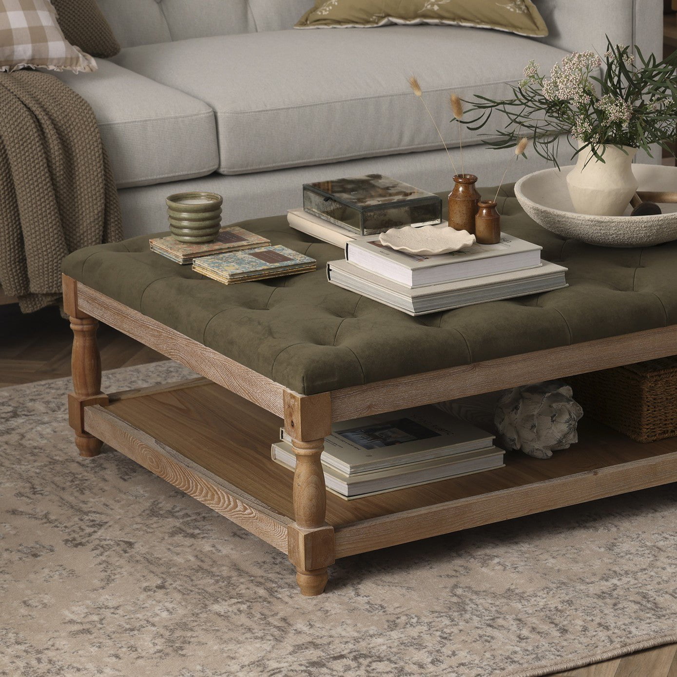 Knaresborough Button Back Coffee Table Pouffe - Olive
