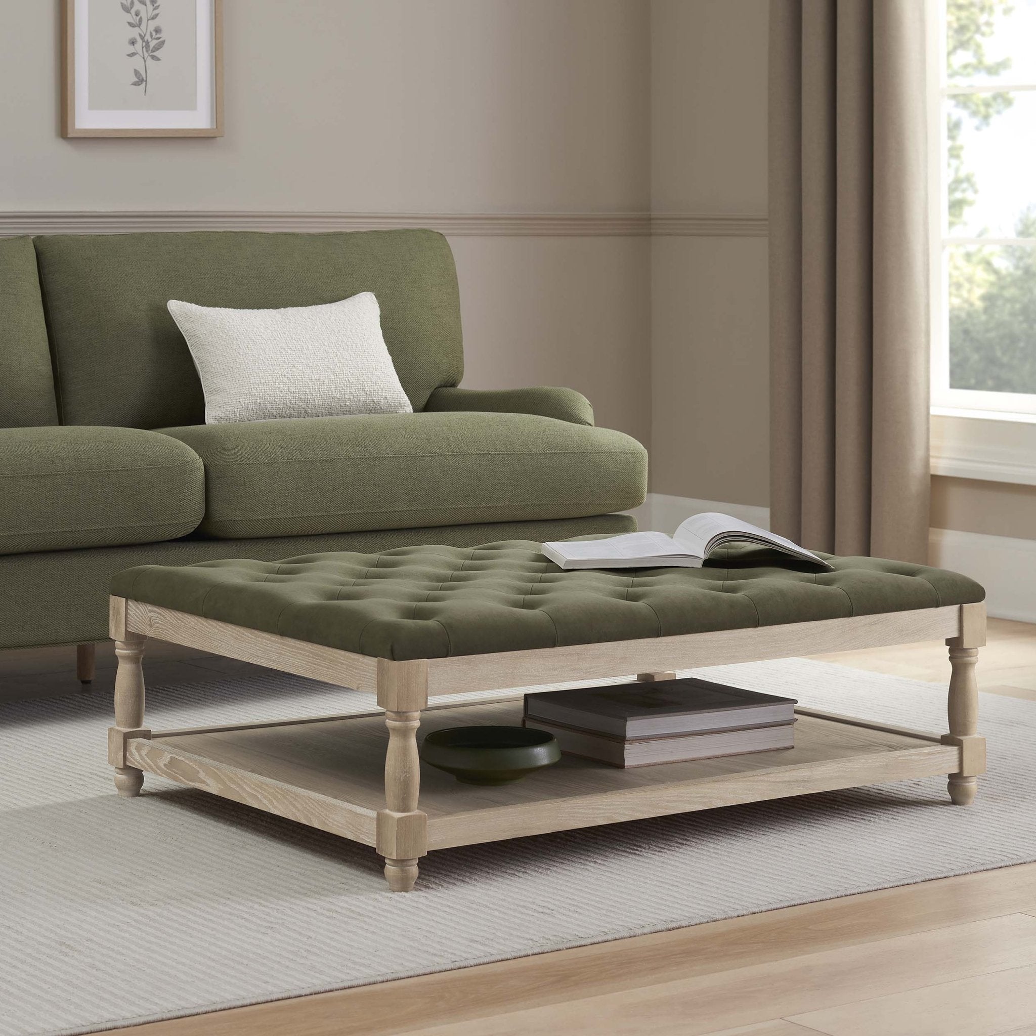 Knaresborough Button Back Coffee Table Pouffe - Olive