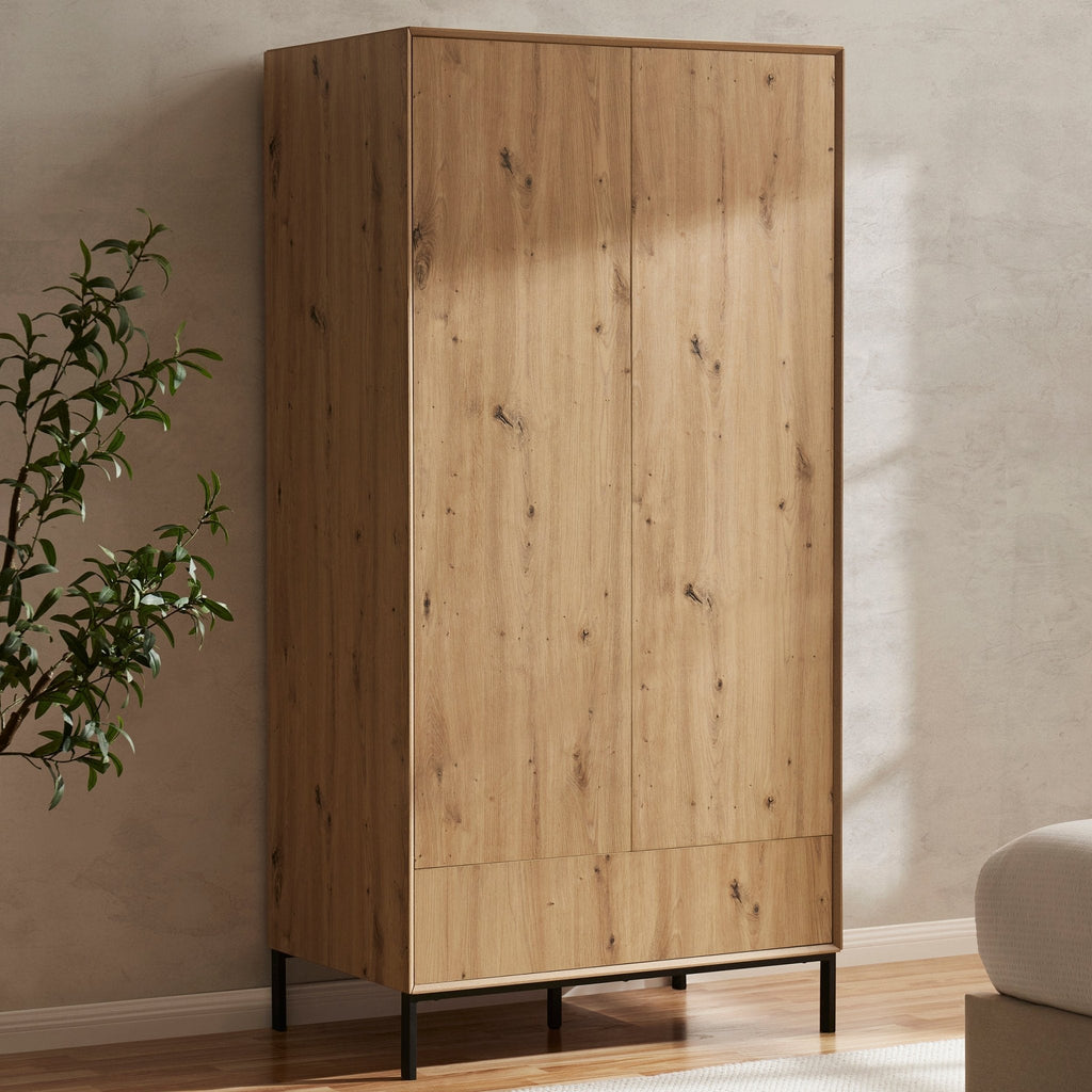 Nova 2 Door Wardrobe with Drawer - Light Wood