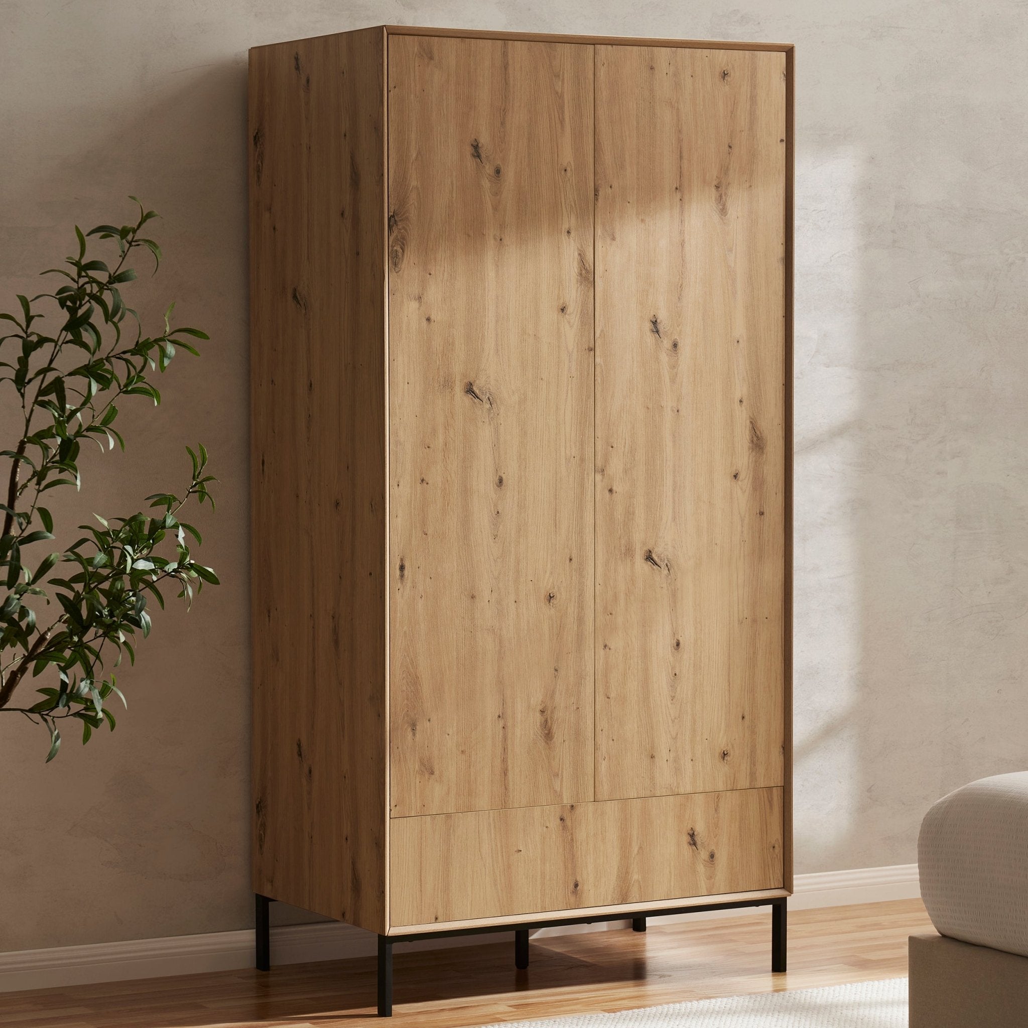 Nova 2 Door Wardrobe with Drawer - Light Wood