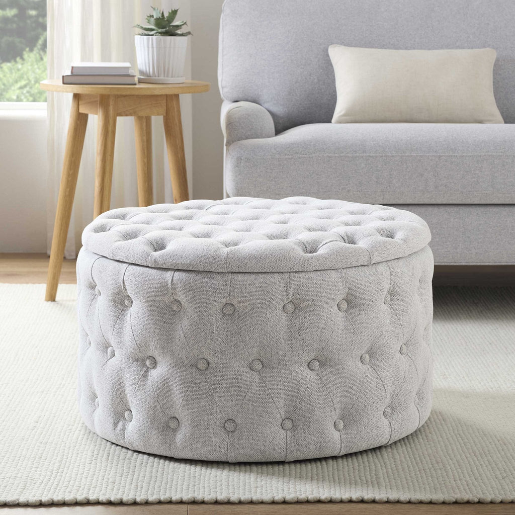 Paisley Buttoned Round Storage Pouffe - Light Grey
