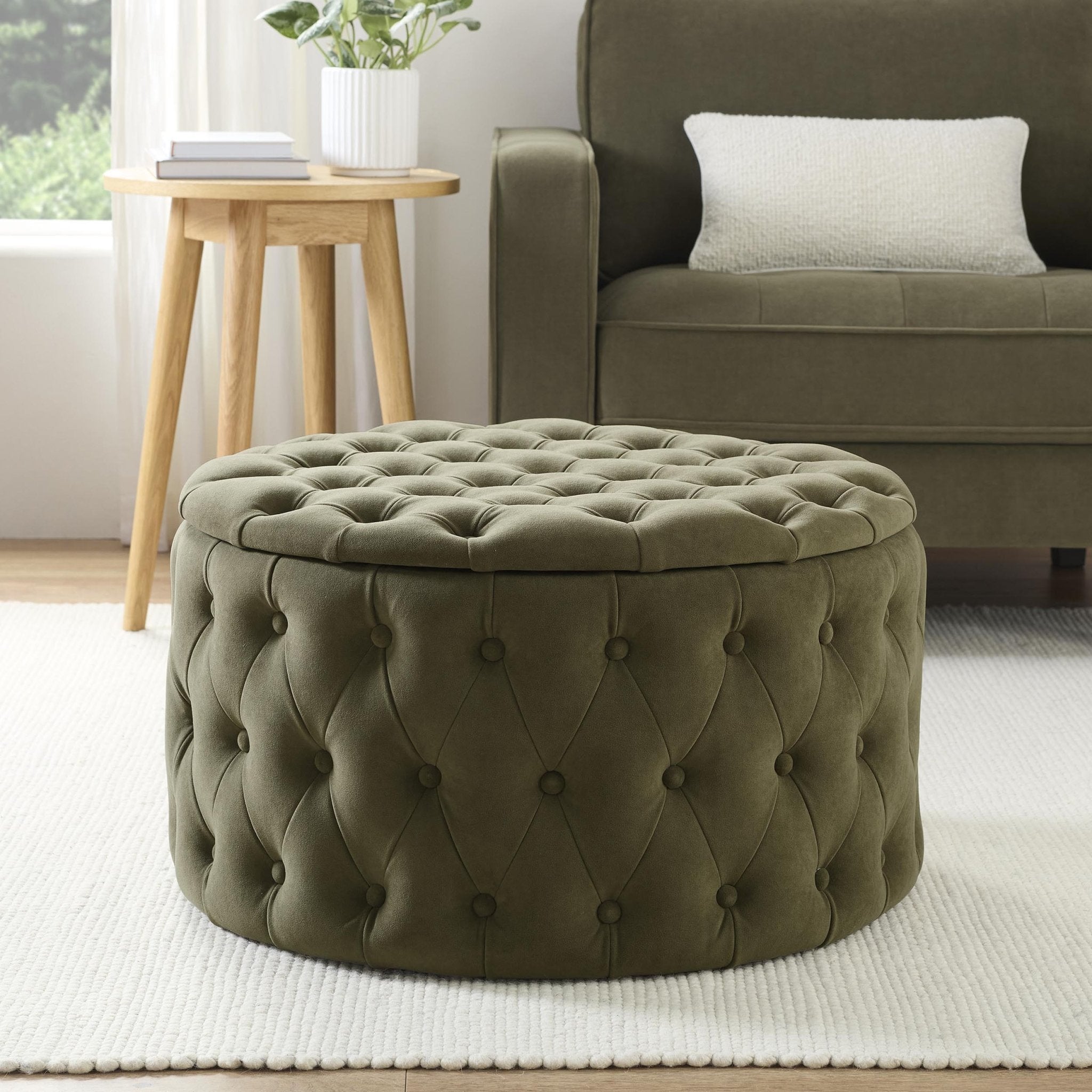 Paisley Buttoned Round Storage Pouffe - Olive