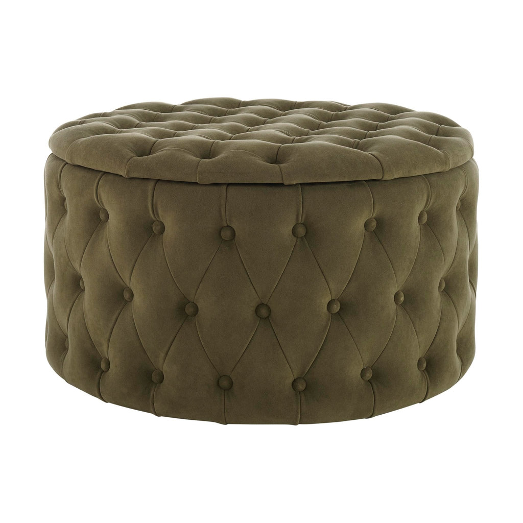 Paisley Buttoned Round Storage Pouffe - Olive