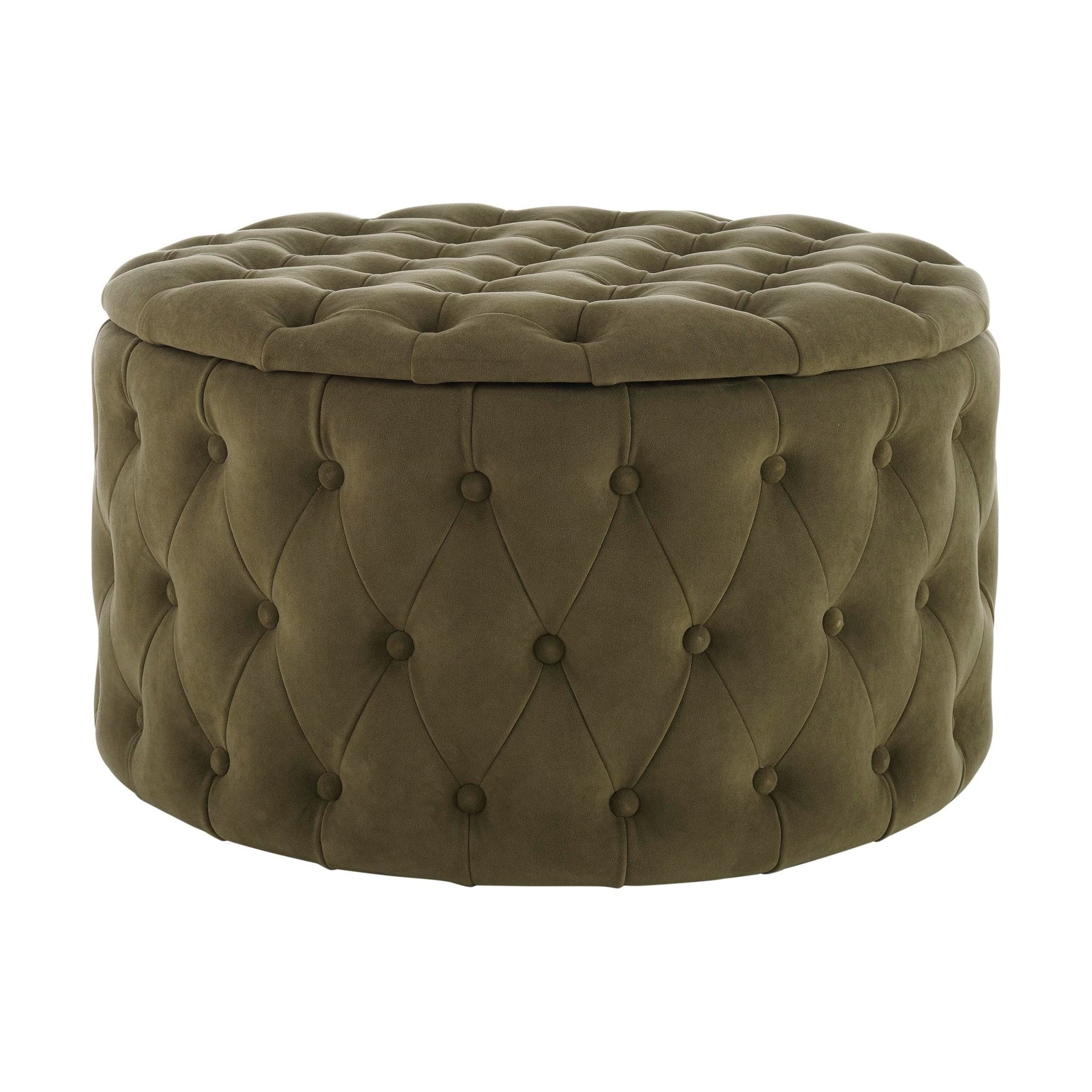 Paisley Buttoned Round Storage Pouffe - Olive