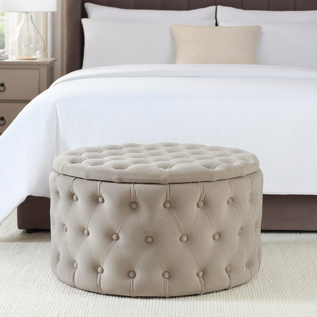 Paisley Buttoned Round Storage Pouffe - Sand