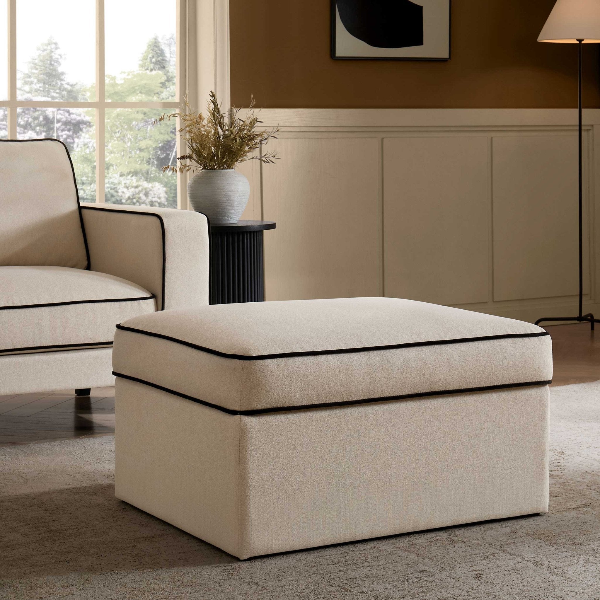 Soho Ottoman Storage Pouffe - Cream Linen/Black