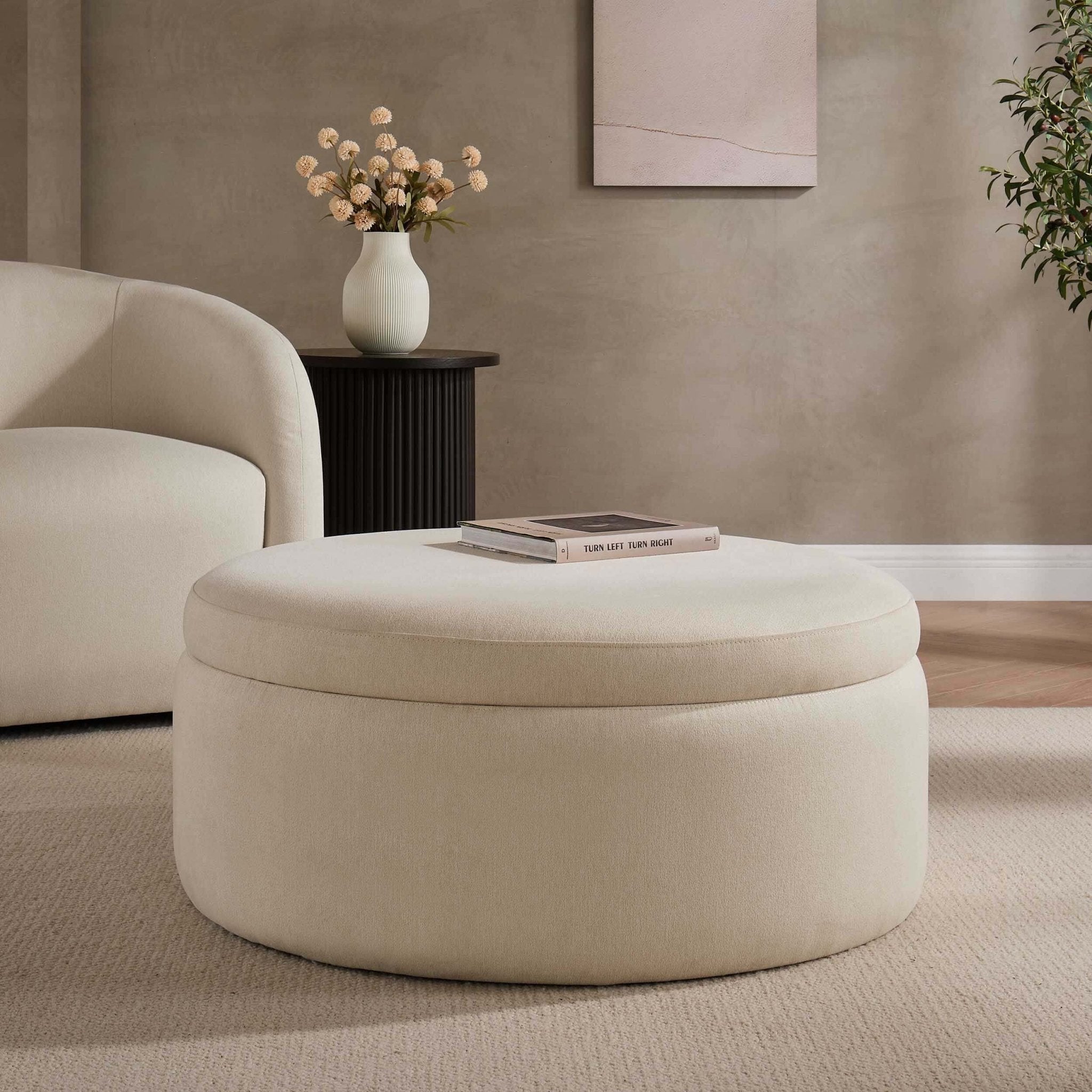 Stockton Round Storage Pouffe - Cream Linen