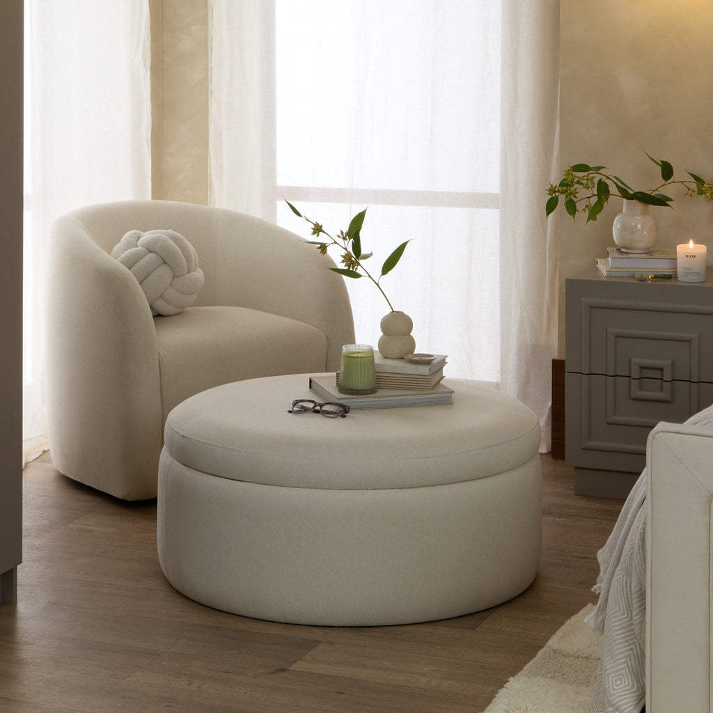 Stockton Round Storage Pouffe - Cream Linen